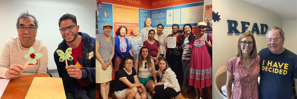 3 photos of various literacy program students and volunteers showing off their crafts from craft & talk program, on a Walk & Talk field trip to the Quincy300 exhibit in Old Town Hall Museum in Quincy Center, and Program Director Mary with a student