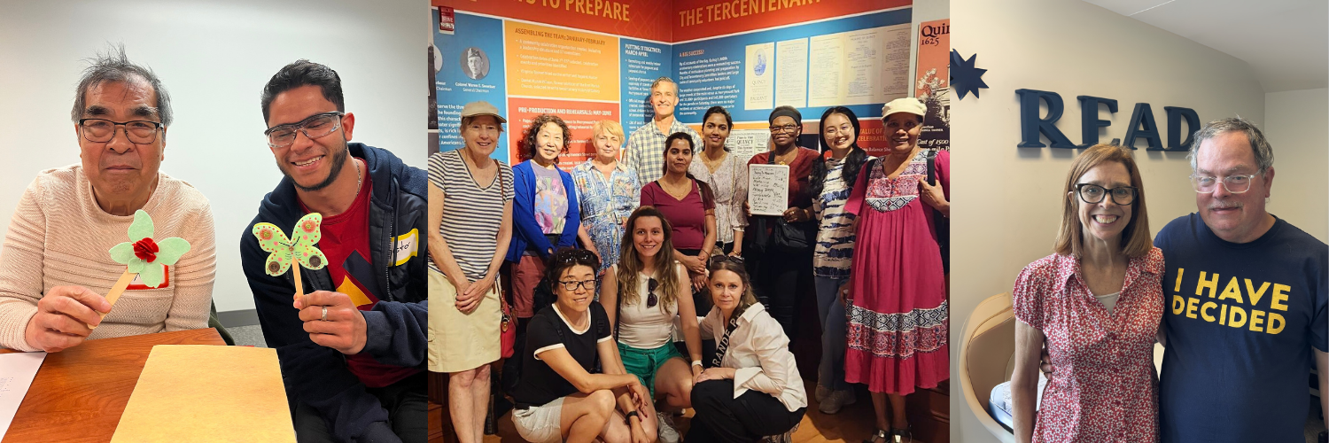 3 photos of various literacy program students and volunteers showing off their crafts from craft & talk program, on a Walk & Talk field trip to the Quincy300 exhibit in Old Town Hall Museum in Quincy Center, and Program Director Mary with a student